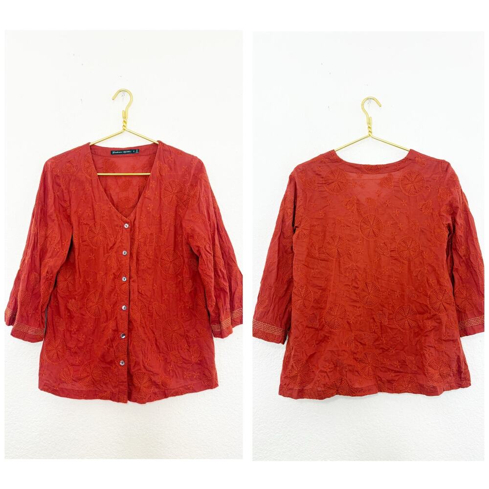 Gudrun Sjödén Red Embroidered Cotton Button-down Top Size Small Lagenlook Boho